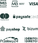 Multibanco, Mb Way, VISA, PaysafeCard, Dbito Direto, Bizum, Przelewy24, PayShop, MasterCard