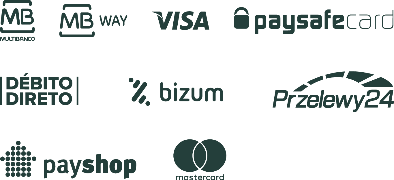 Multibanco, Mb Way, VISA, PaysafeCard, Dbito Direto, Bizum, Przelewy24, PayShop, MasterCard