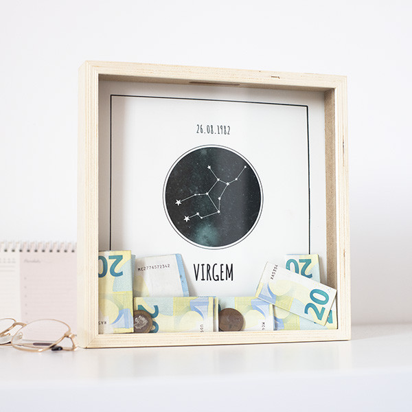 Personalizable Piggy Bank Frame with Sign and Constellation